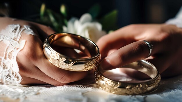 A bride and groom hold their rings on a table