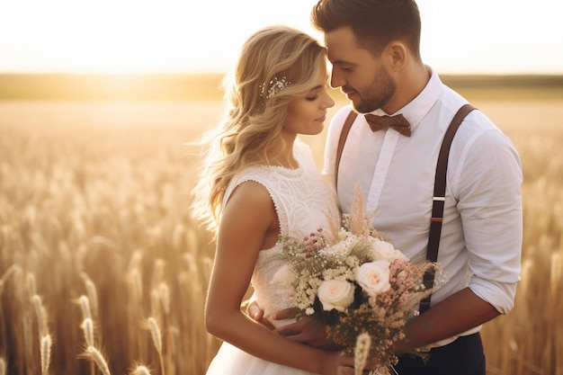 Bride and groom holding the bouquet while standing in a field of wildflowers