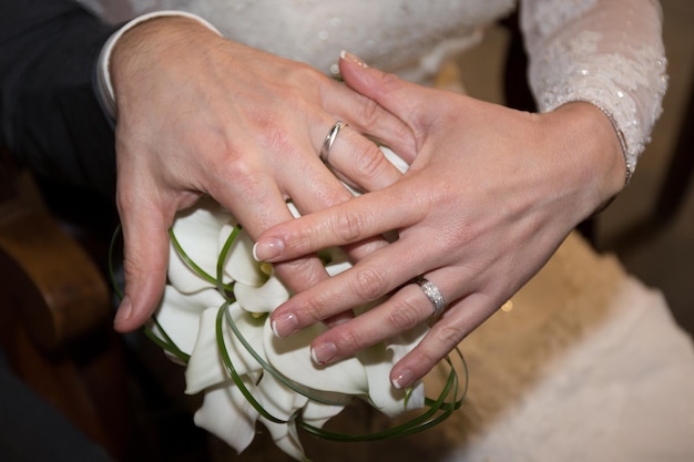 Bride and groom holding hands with wedding rings