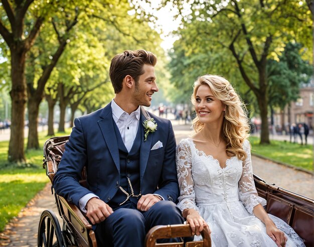 a bride and groom in a horse drawn carriage