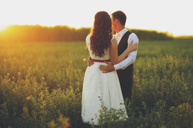 The bride and groom hug each other in the park in the sunset light