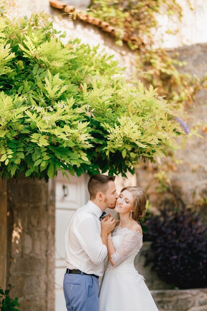 The bride and groom hug in a picturesque courtyard under green branches the groom kisses the bride