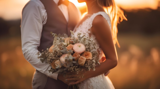 bride and groom hugging and holding bouquet flower at wedding party