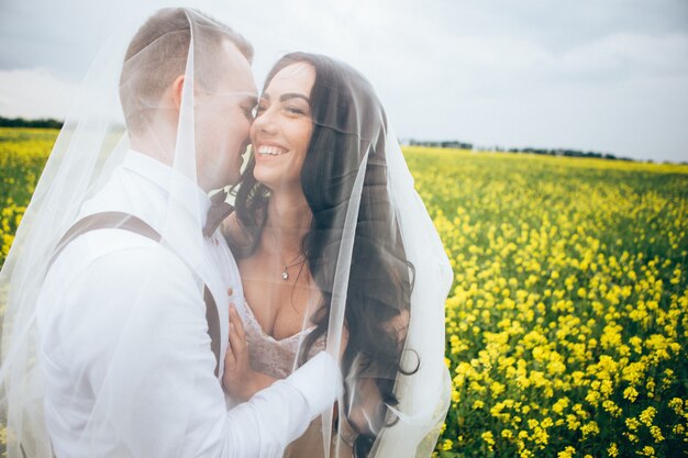 Bride and groom hugging on wedding day, happy young couple kissing in park in nature, valentine's day