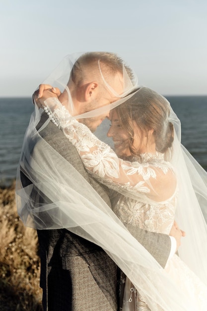 Bride and groom hugging