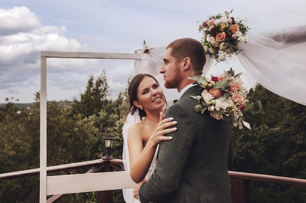 Bride and groom irish style on wedding ceremony in country village house