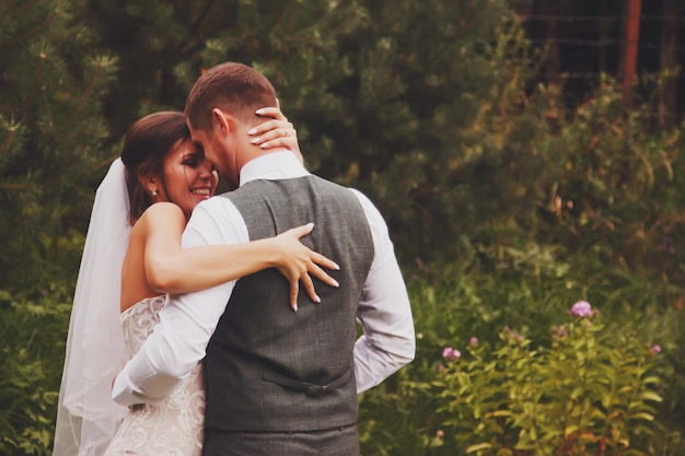 Bride and groom irish style at wedding day walking outdoors