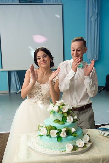 Жених и невеста разрезают свадебный торт.