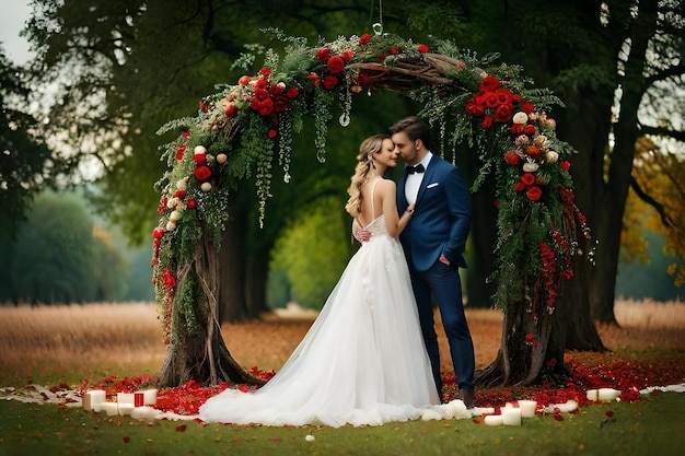 The bride and groom kiss under a arch of red roses.