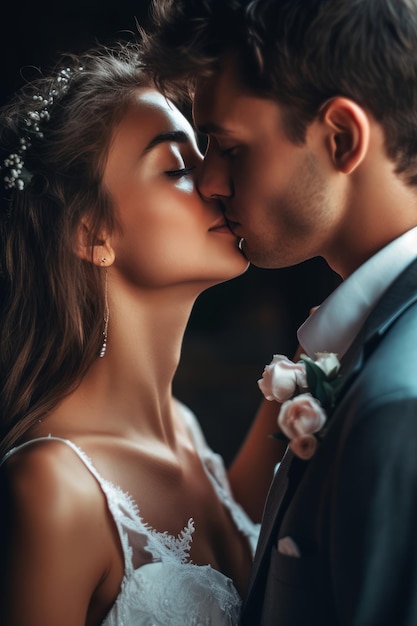 A bride and groom kiss in front of a dark background.