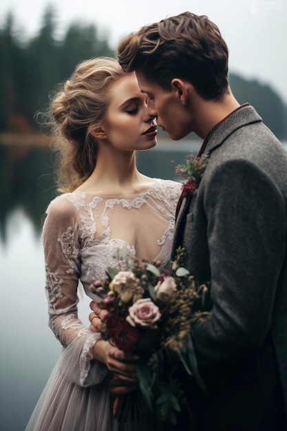 A bride and groom kiss in front of a lake.