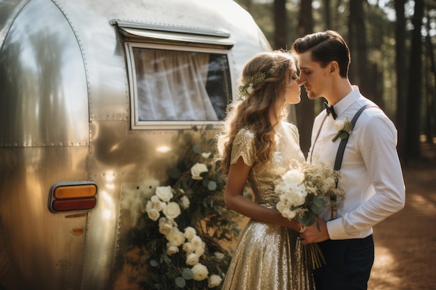 Bride and groom kiss in front of a vintage car house