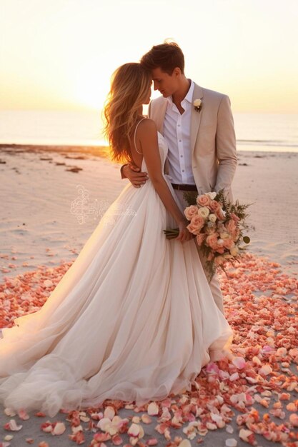 a bride and groom kissing on the beach