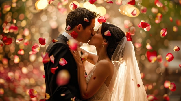 A bride and groom kissing under a shower of rose petals