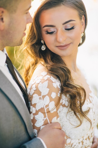山の背景の湖コモイタリアの花嫁と花婿の長いベールと白いドレス