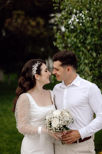 Bride and groom looking at each other