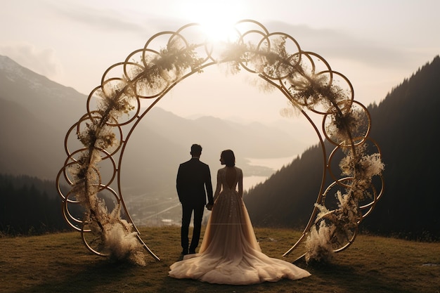 Bride and groom. Modern wedding in the mountains