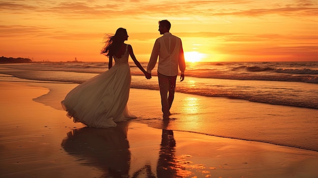 Bride and groom newlyweds honeymoon on the beach sunset