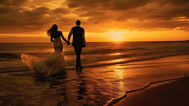 Bride and groom newlyweds honeymoon on the beach sunset