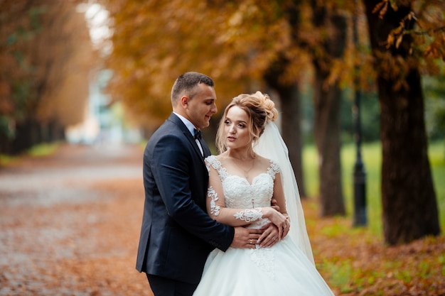 La sposa e lo sposo in un parco kissing.couple sposi la sposa e lo sposo a un matrimonio nella foresta verde della natura stanno baciando ritratto fotografico. coppia di sposi