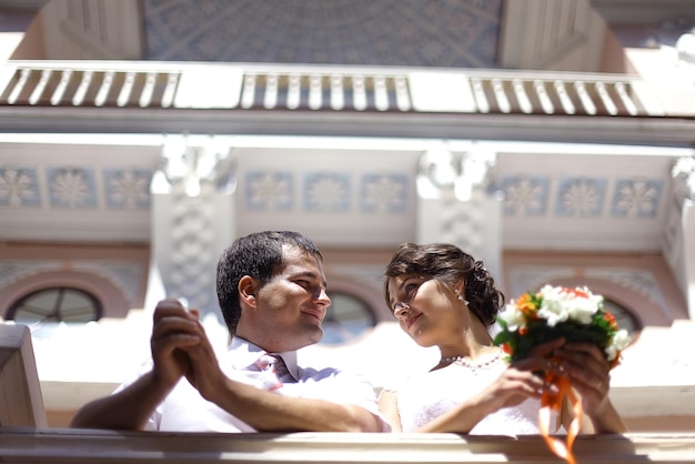 bride and groom portrait in the room