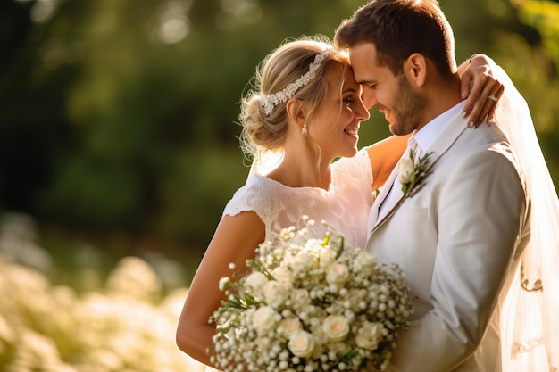 A bride and groom pose for a photo in a field with a bouquet of white flowers.