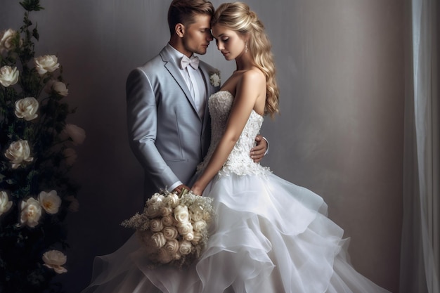 A bride and groom pose for a photo in front of a wall with white flowers.