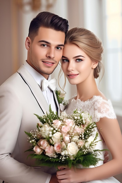 A bride and groom pose for a photo in a hotel room.