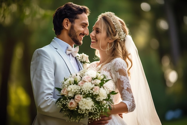 A bride and groom pose for a photo in a park.