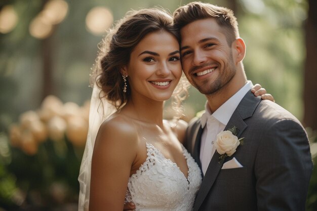 a bride and groom pose for a photo