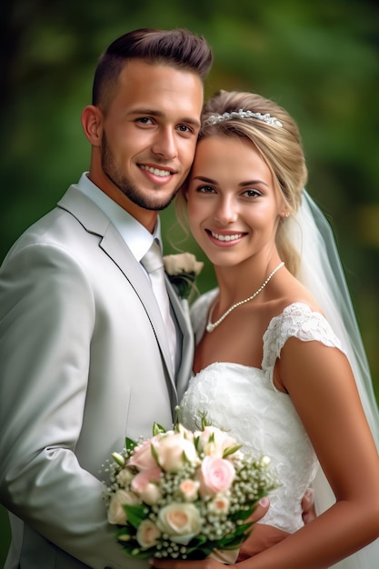 A bride and groom pose for a photo.