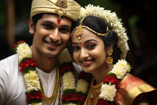 a bride and groom pose for a photo.