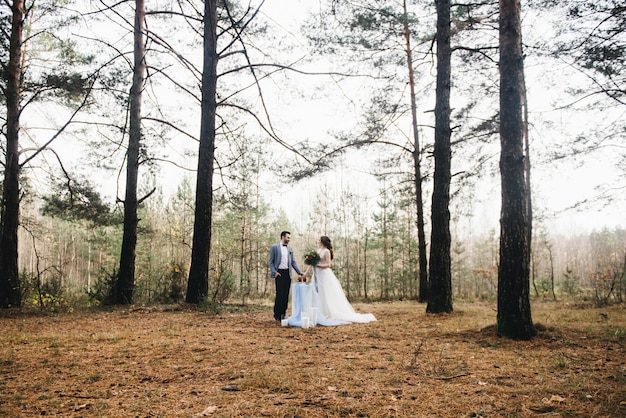 Bride and groom posing in nature