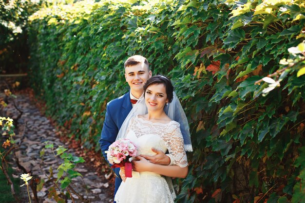 Bride and groom posing in a park