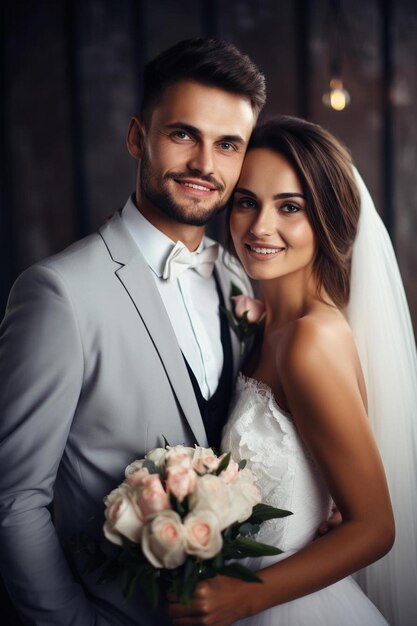 a bride and groom posing for a picture