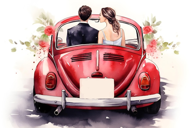 Bride and groom in a red car just married watercolor 1