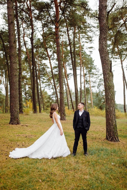 Gli sposi corrono attraverso una foresta servizio fotografico di matrimonio