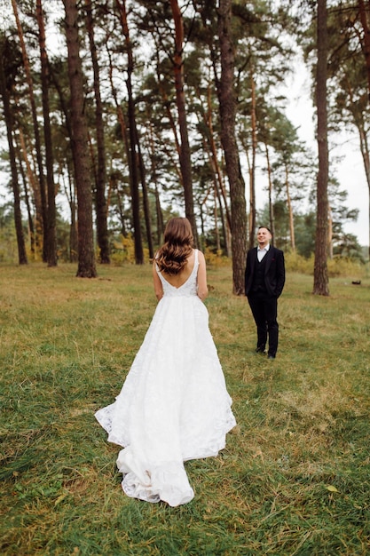 Gli sposi corrono attraverso una foresta servizio fotografico di matrimonio