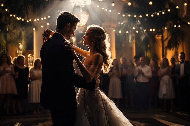 Bride and Groom's First Dance Under Twinkling Lights