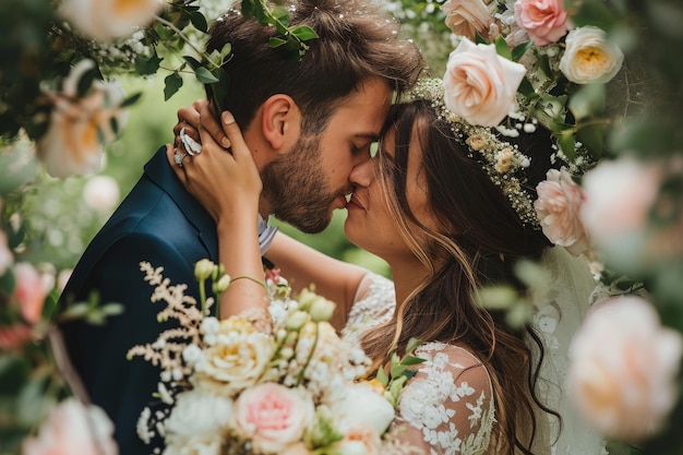 Foto una sposa e uno sposo condividono un bacio sotto un arco floreale splendidamente decorato il giorno del loro matrimonio una coppia condivide un dolce bacio sotto una doccia di fiori generata dall'ai