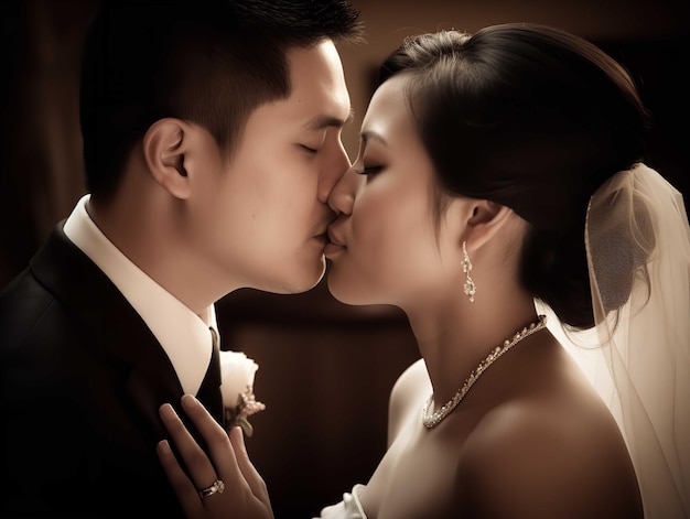 Bride and Groom Sharing a Kiss on Wedding Day