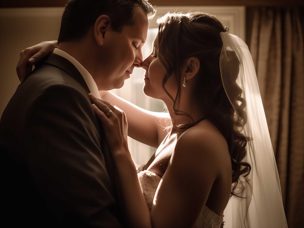 Bride and Groom Sharing a Kiss on Wedding Day