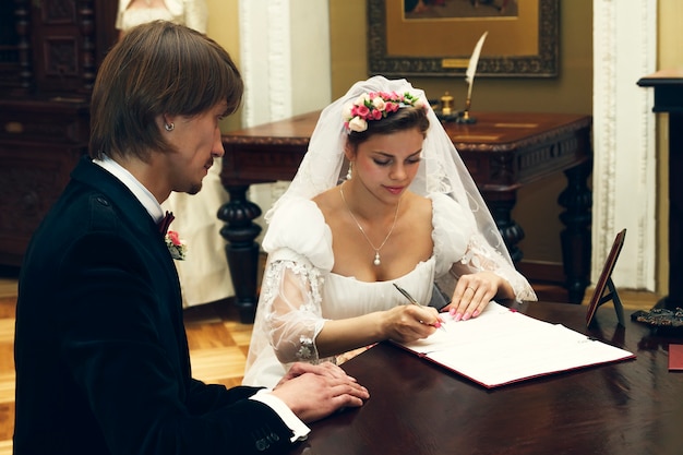 The bride and groom sign the marriage contract