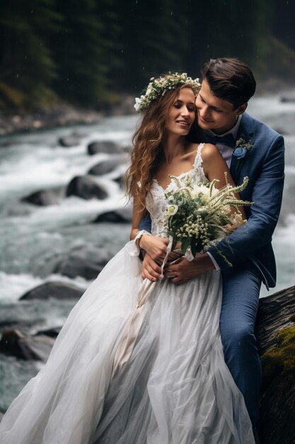 Photo a bride and groom sitting on a rock by a river