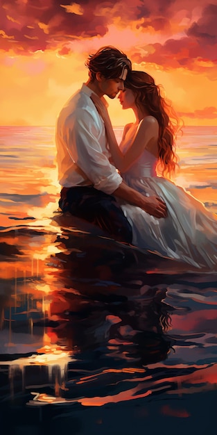 a bride and groom sitting in the water at sunset