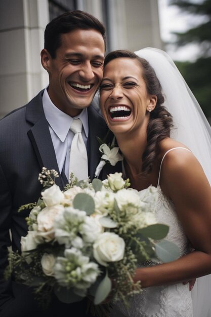 Foto una sposa e uno sposo sorridono mentre posano per una foto