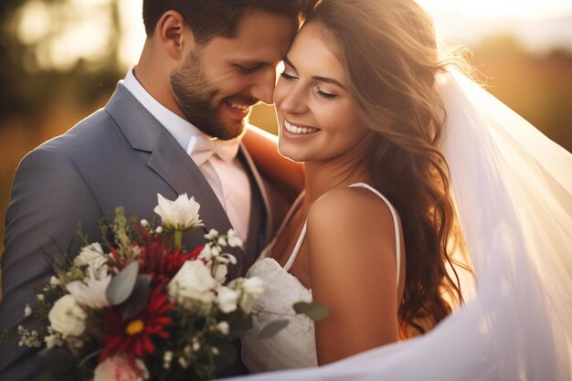 a bride and groom smile at each other