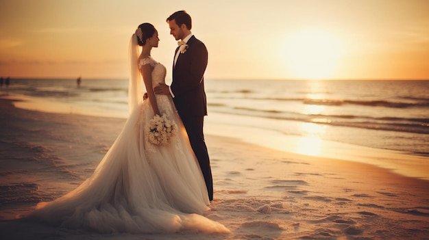 A bride and groom stand on the beach at sunset.