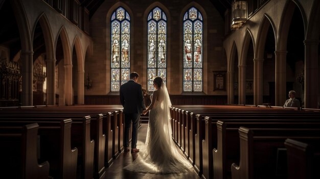 A bride and groom stand in a church with stained glass windows behind them.