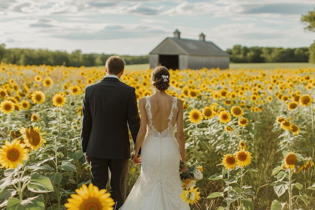 A bride and groom stand in a field of sunflowers surrounded by vibrant yellow blooms on their wedding day Sunflower field wedding with an open barn in the background AI Generated